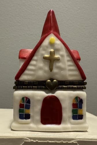 Porcelain Hinged Surprise Trinket Box Church W/ Bible - Thumbnail 3