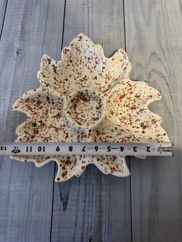 VTG Ceramic Poinsettia Paint Splatter Green Red White Chip and Dip Tray - Thumbnail 5