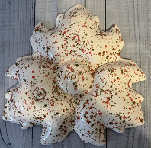 VTG Ceramic Poinsettia Paint Splatter Green Red White Chip and Dip Tray - Thumbnail 2