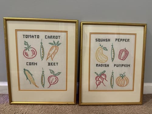 Pair of Vintage Embroidered Kitchen Wall Art Crosstich 1980s 14”x18”