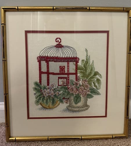 Framed Crosstich Embroidery Birdcage & Violets Bamboo Gold Frame 14 3/4x15 1/2