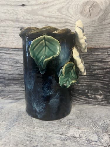 Vtg 7"T Ming Jia Majolica Glazed Pottery Vase Morning Glory Flowers, Braided Rim - Thumbnail 2