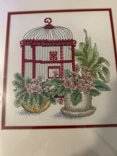 Framed Crosstich Embroidery Birdcage & Violets Bamboo Gold Frame 14 3/4x15 1/2 - Thumbnail 2