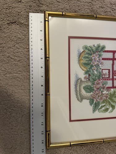 Framed Crosstich Embroidery Birdcage & Violets Bamboo Gold Frame 14 3/4x15 1/2 - Thumbnail 3