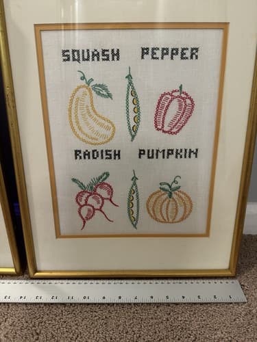 Pair of Vintage Embroidered Kitchen Wall Art Crosstich 1980s 14”x18” - Thumbnail 5