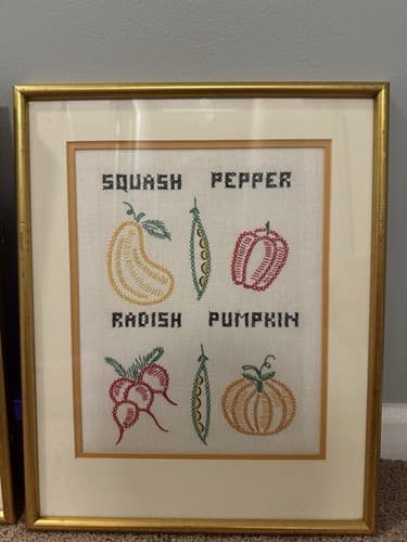 Pair of Vintage Embroidered Kitchen Wall Art Crosstich 1980s 14”x18” - Thumbnail 2