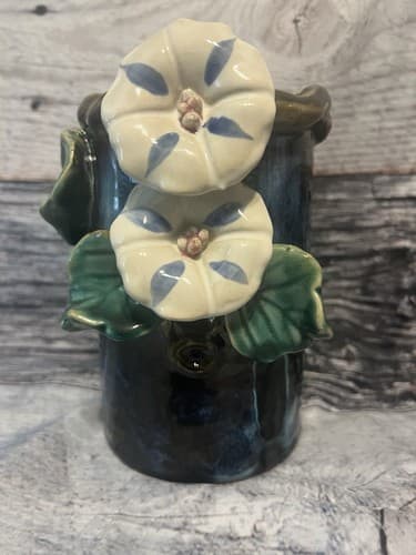 Vtg 7"T Ming Jia Majolica Glazed Pottery Vase Morning Glory Flowers, Braided Rim