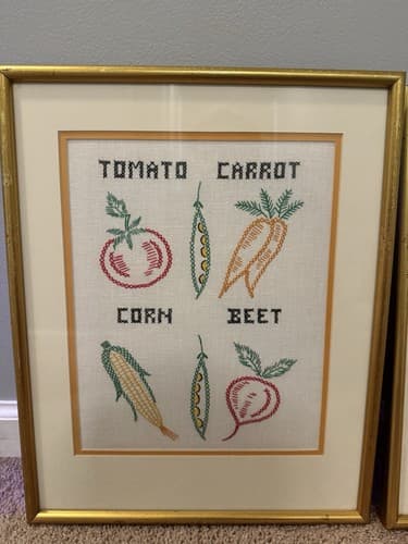 Pair of Vintage Embroidered Kitchen Wall Art Crosstich 1980s 14”x18” - Thumbnail 3