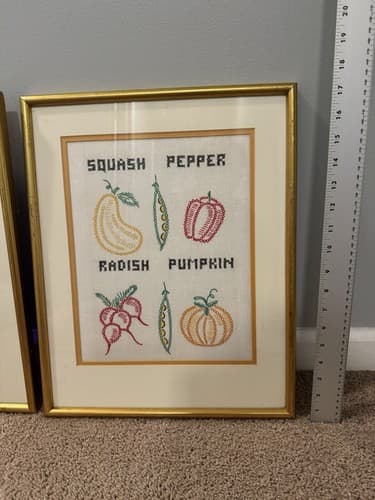 Pair of Vintage Embroidered Kitchen Wall Art Crosstich 1980s 14”x18” - Thumbnail 4