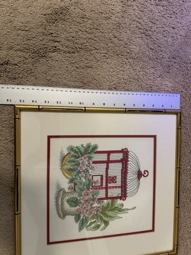 Framed Crosstich Embroidery Birdcage & Violets Bamboo Gold Frame 14 3/4x15 1/2 - Thumbnail 4