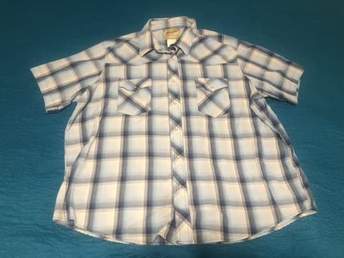 Wrangler Shirt Blue Plaid 2XL Western Pearl Snap Short Sleeve Button Up Cotton
