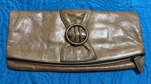 HOBO INT-Tan Cognac Brown Leather Ring Bow Kisslock Foldover Wallet VINTAGE