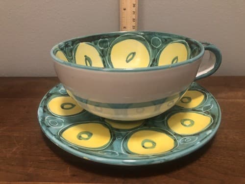 Vintage 80's Signed A-10 Italy Stoneware Handmade Mug and Saucer Handpainted - Thumbnail 5