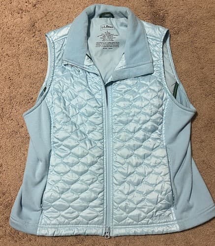 LL Bean Women Quilted Puffer Vest Large Sleeveless Full Zip Blue Jacket Stretch