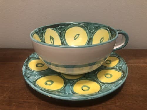 Vintage 80's Signed A-10 Italy Stoneware Handmade Mug and Saucer Handpainted