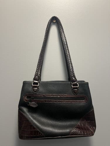 Leather Brighton Handbag Crocodile Embossed Trim Blk Brn 11"X8" Excellent Cond. - Thumbnail 2