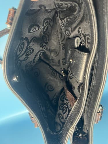 Leather Brighton Handbag Crocodile Embossed Trim Blk Brn 11"X8" Excellent Cond. - Thumbnail 6