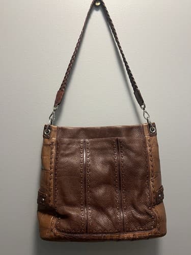 Leather Brighton Handbag Crocodile Embossed Trim Brown 11"X12" Excellent Cond.