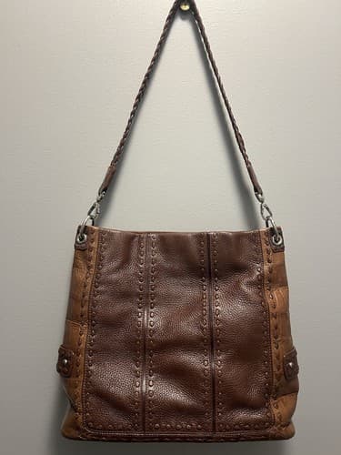 Leather Brighton Handbag Crocodile Embossed Trim Brown 11"X12" Excellent Cond. - Thumbnail 2
