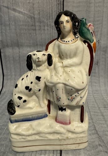 Antique Staffordshire Lady w/Spaniel Dog & Parrot - England