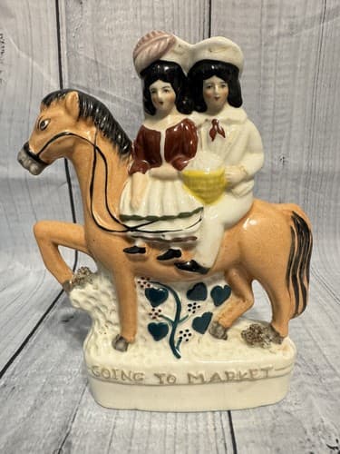 Antique Staffordshire Titled couple on horse~"Going to Market" 19th Century