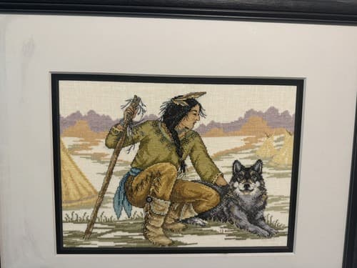 Pair Of Native American Indian Cross Stitch Prof Framed Artwork 24”x21” - Thumbnail 3
