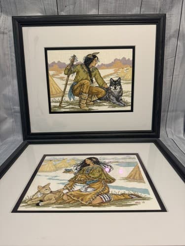 Pair Of Native American Indian Cross Stitch Prof Framed Artwork 24”x21”