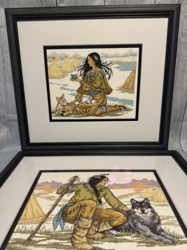 Pair Of Native American Indian Cross Stitch Prof Framed Artwork 24”x21” - Thumbnail 2