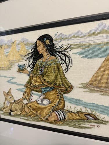 Pair Of Native American Indian Cross Stitch Prof Framed Artwork 24”x21” - Thumbnail 10
