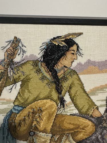 Pair Of Native American Indian Cross Stitch Prof Framed Artwork 24”x21” - Thumbnail 6
