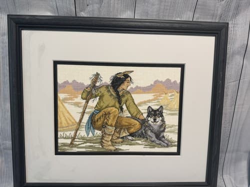 Pair Of Native American Indian Cross Stitch Prof Framed Artwork 24”x21” - Thumbnail 4