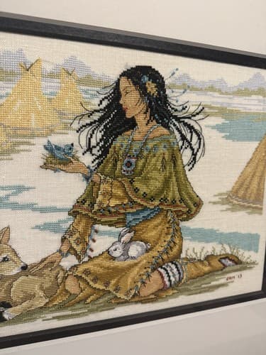 Pair Of Native American Indian Cross Stitch Prof Framed Artwork 24”x21” - Thumbnail 9