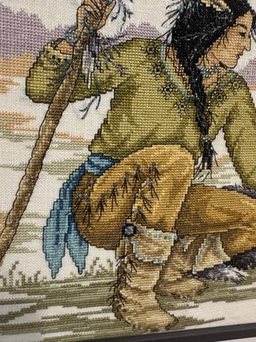 Pair Of Native American Indian Cross Stitch Prof Framed Artwork 24”x21” - Thumbnail 5