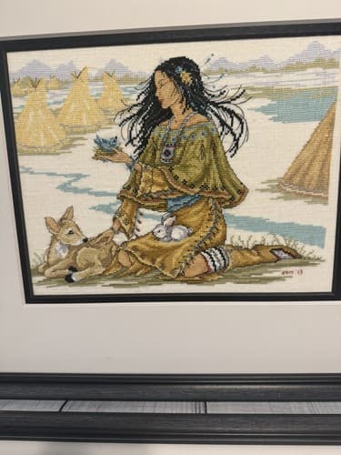 Pair Of Native American Indian Cross Stitch Prof Framed Artwork 24”x21” - Thumbnail 8