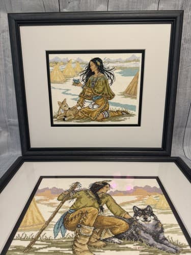 Pair Of Native American Indian Cross Stitch Prof Framed Artwork 24”x21” - Thumbnail 7