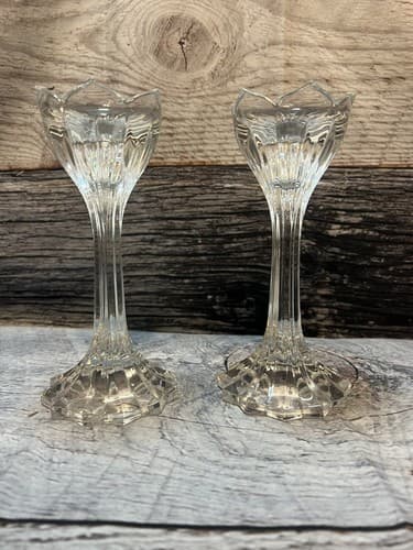 Gorham Crystal Lotus Flower Candlestick Holders~Set of 2~7" Tall