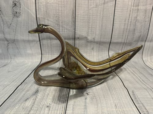 Vintage MCM Art Glass Swan Bowl Amber Brown Smoke Hand Blown Sculptural Dish - Thumbnail 3