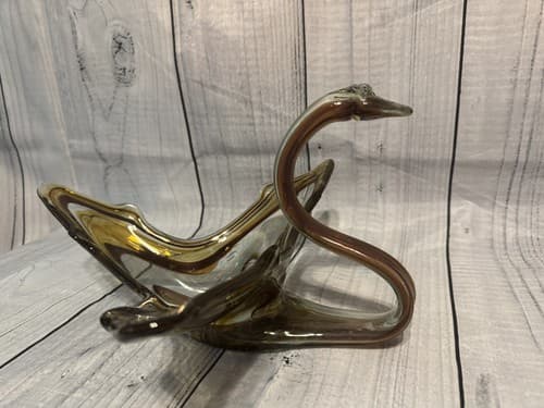 Vintage MCM Art Glass Swan Bowl Amber Brown Smoke Hand Blown Sculptural Dish