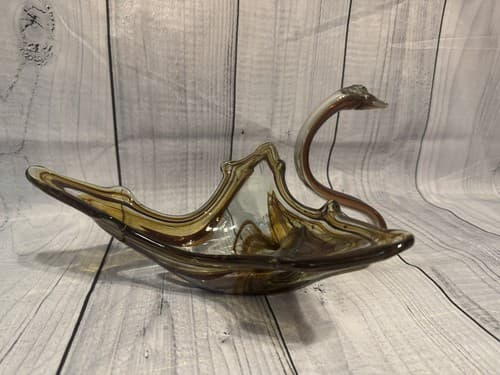 Vintage MCM Art Glass Swan Bowl Amber Brown Smoke Hand Blown Sculptural Dish - Thumbnail 2