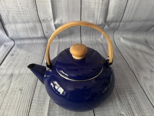 Vintage MCM Tea Kettle Cobalt Blue Enameled Teapot With Wooden Handle