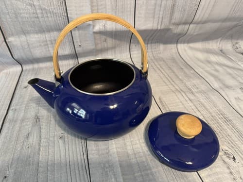 Vintage MCM Tea Kettle Cobalt Blue Enameled Teapot With Wooden Handle - Thumbnail 2