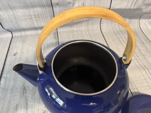Vintage MCM Tea Kettle Cobalt Blue Enameled Teapot With Wooden Handle - Thumbnail 3