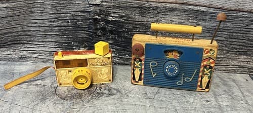 Vintage 1958 FISHER-PRICE SET~ Wind-up Musical Wood Radio & Camera 1967