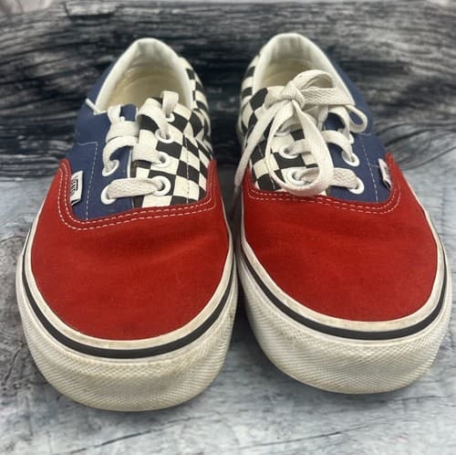 Vans Authentic Low Top Color Block Red Blue Checkerboard Lace Up Sneaker 7W - Thumbnail 2