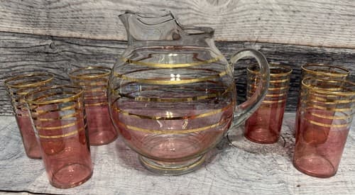 VTG MCM BOHEMIAN CRANBERRY GOLD STRIPED BANDS PITCHER & 6 JUICE GLASSES