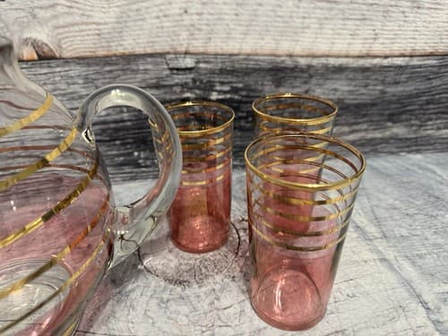 VTG MCM BOHEMIAN CRANBERRY GOLD STRIPED BANDS PITCHER & 6 JUICE GLASSES - Thumbnail 4