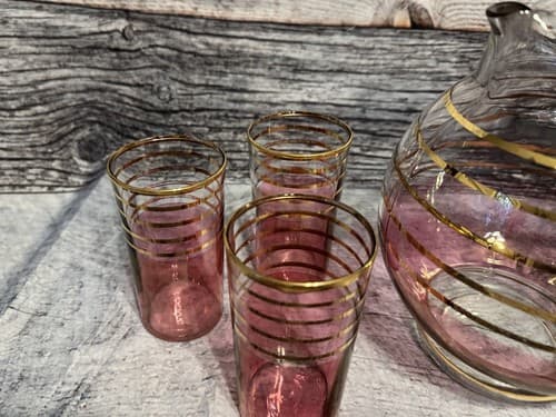 VTG MCM BOHEMIAN CRANBERRY GOLD STRIPED BANDS PITCHER & 6 JUICE GLASSES - Thumbnail 3