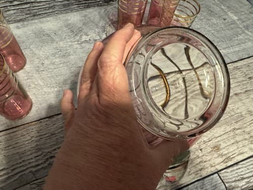 VTG MCM BOHEMIAN CRANBERRY GOLD STRIPED BANDS PITCHER & 6 JUICE GLASSES - Thumbnail 6