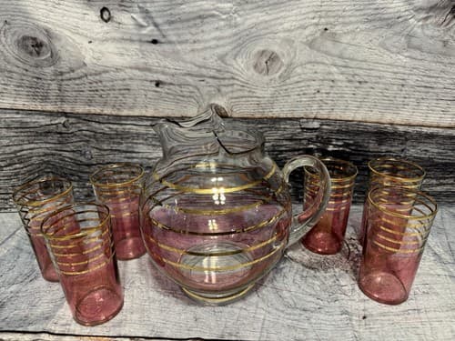VTG MCM BOHEMIAN CRANBERRY GOLD STRIPED BANDS PITCHER & 6 JUICE GLASSES - Thumbnail 5