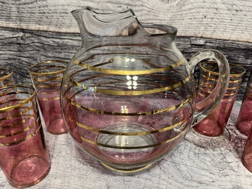 VTG MCM BOHEMIAN CRANBERRY GOLD STRIPED BANDS PITCHER & 6 JUICE GLASSES - Thumbnail 2